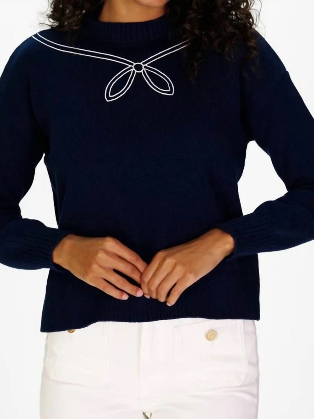 Duffield Lane Navy Crewneck Sweater with White Bow Trim